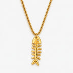 Fishbone Pendant Rope Chain Necklace, Gold PVD Steel