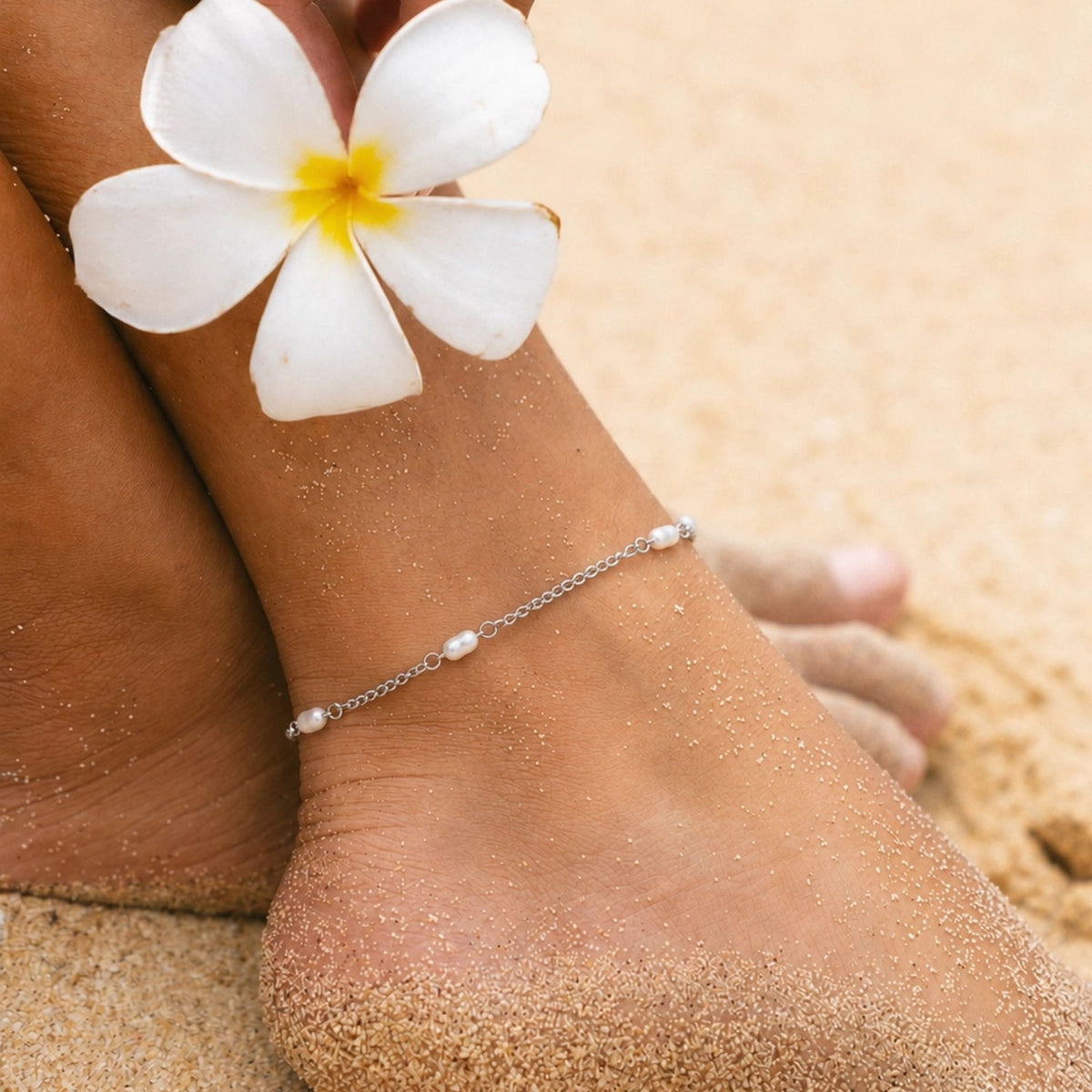 Freshwater Pearl Station Anklet, 3 mm Pearls