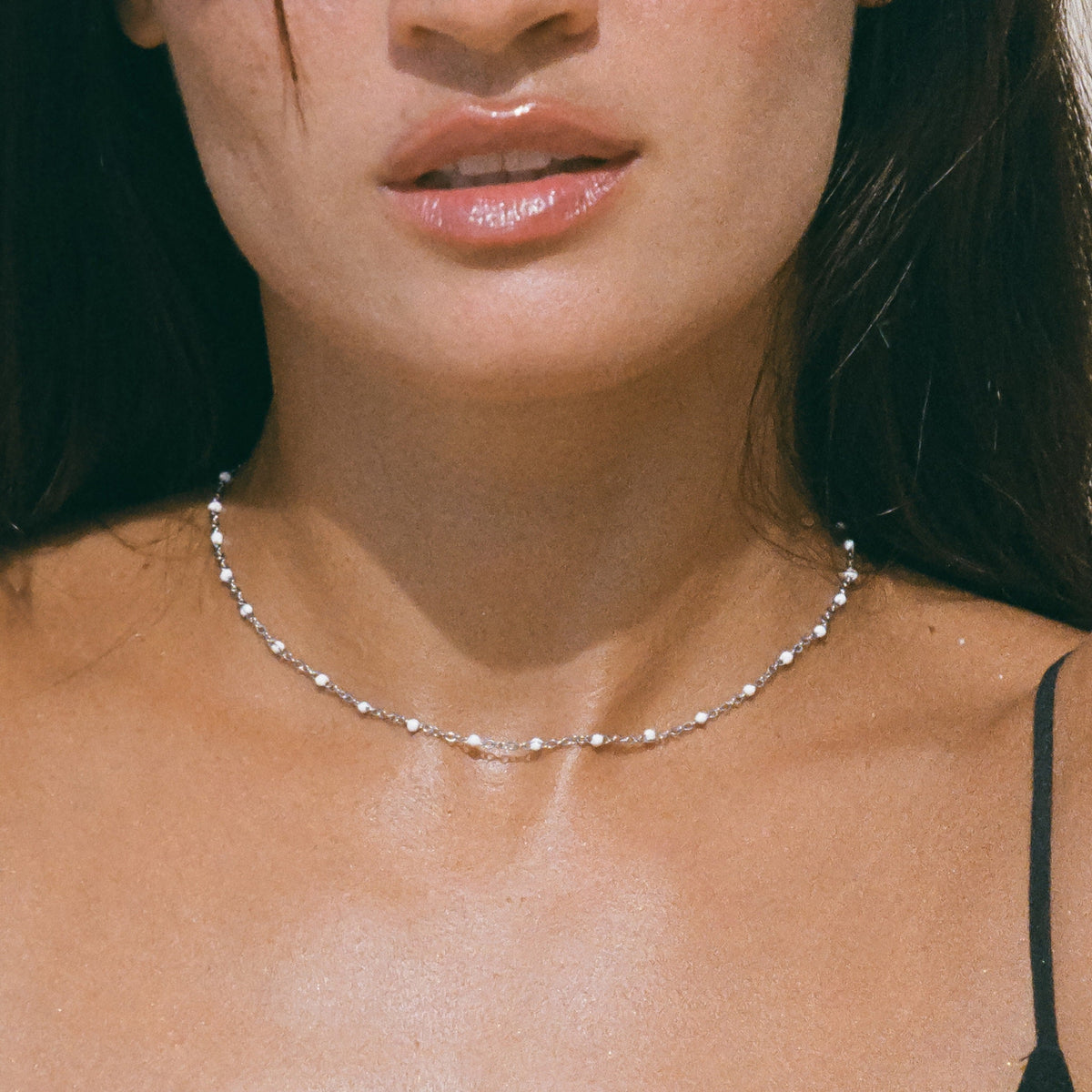 White Enamel Bead Choker, 39–44 cm