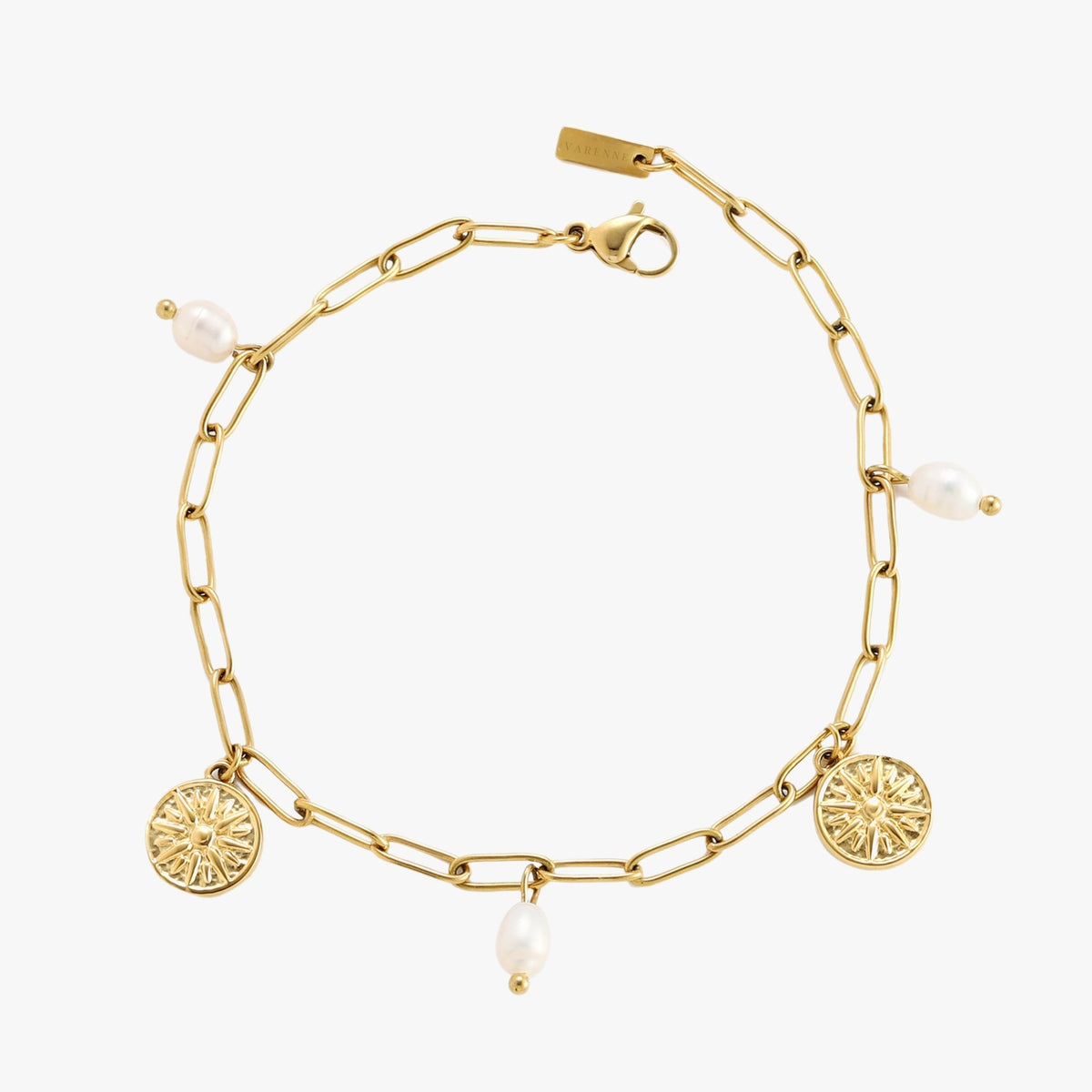 Sun Charm and Freshwater Pearl Paperclip Bracelet