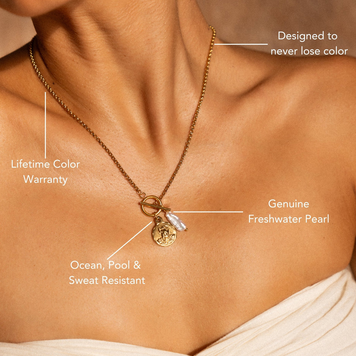 Coin and Freshwater Pearl Necklace, 18K Gold PVD Steel