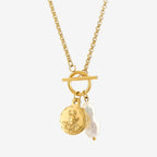 Coin and Freshwater Pearl Necklace, 18K Gold PVD Steel